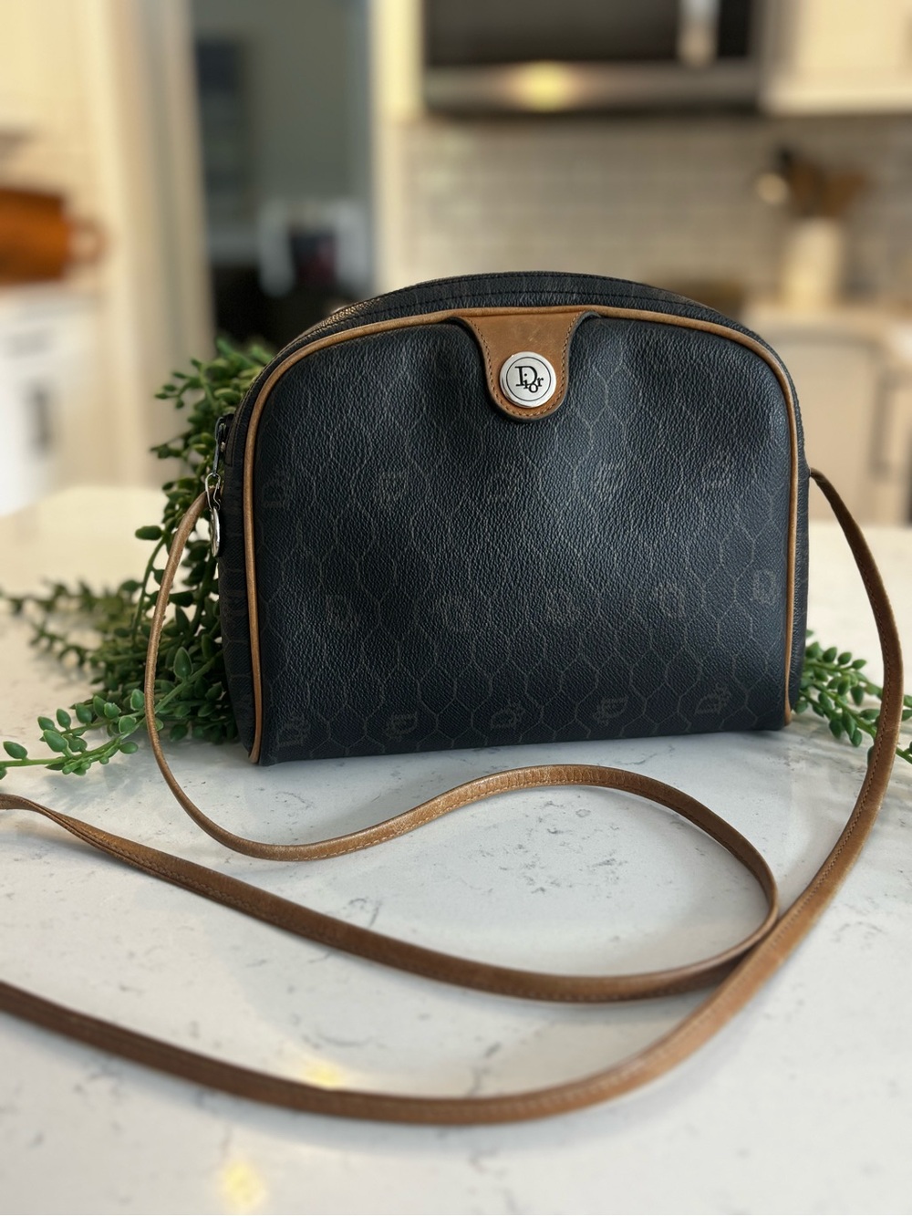 Dior Black honeycomb Crossbody with Brown Trim